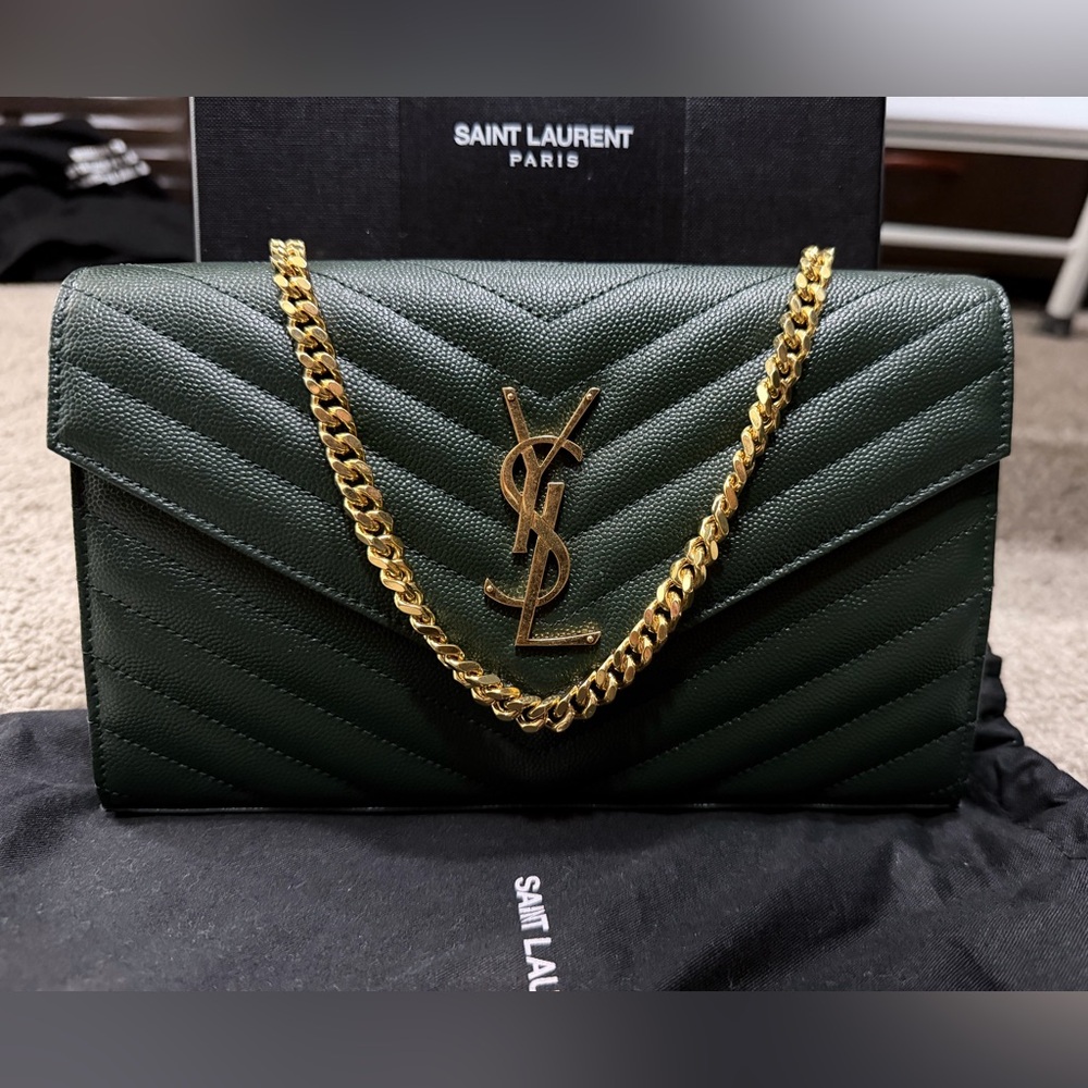 Saint Laurent Green Chevron YSL Wallet-On-Chain with Gold Hardware